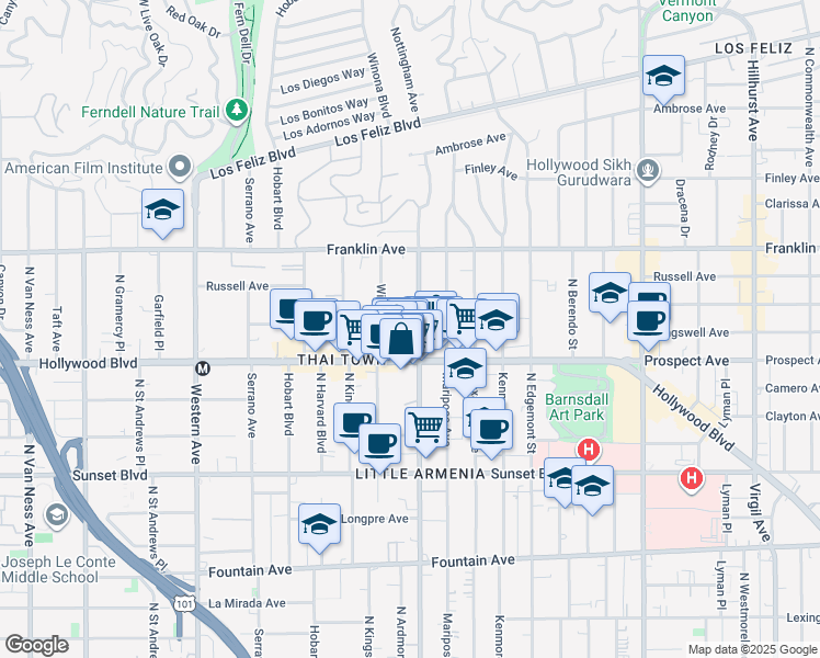 map of restaurants, bars, coffee shops, grocery stores, and more near in Los Angeles