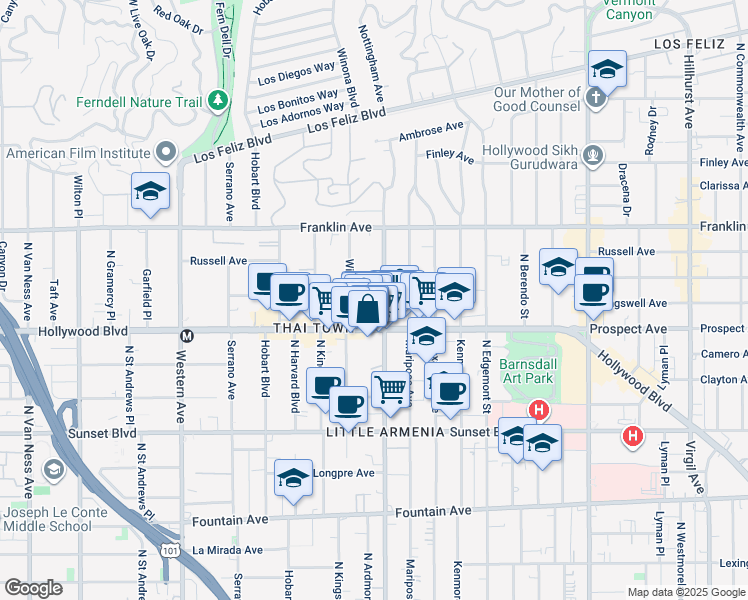 map of restaurants, bars, coffee shops, grocery stores, and more near in Los Angeles