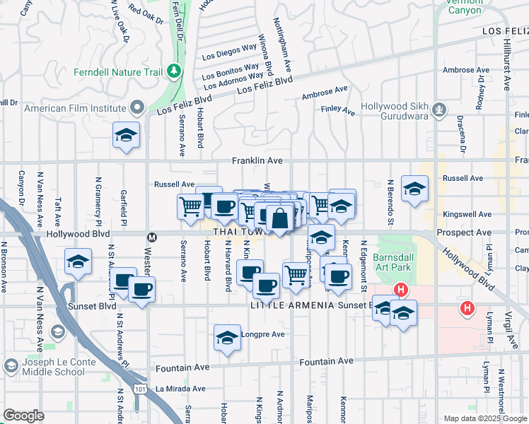 map of restaurants, bars, coffee shops, grocery stores, and more near 1723 Winona Boulevard in Los Angeles
