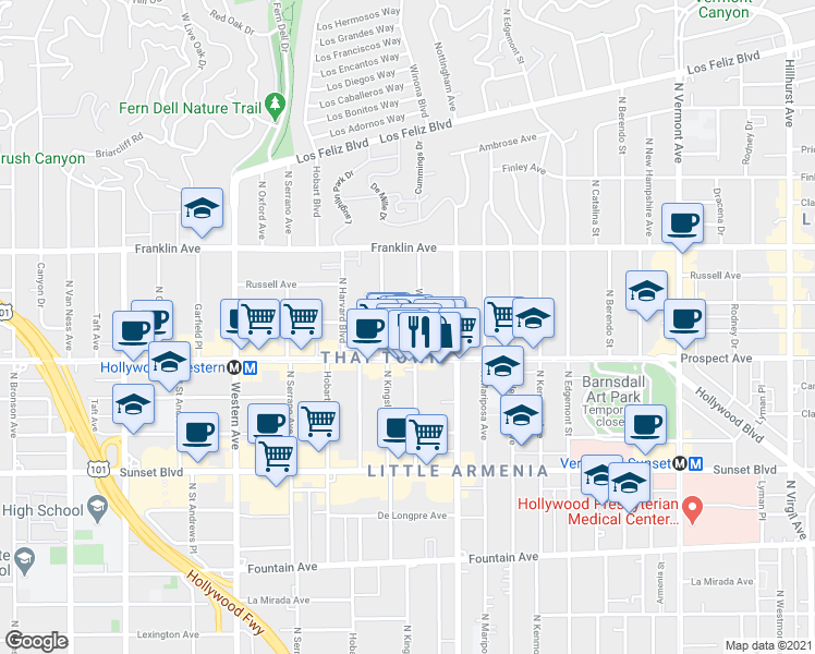 map of restaurants, bars, coffee shops, grocery stores, and more near 1723 Winona Boulevard in Los Angeles