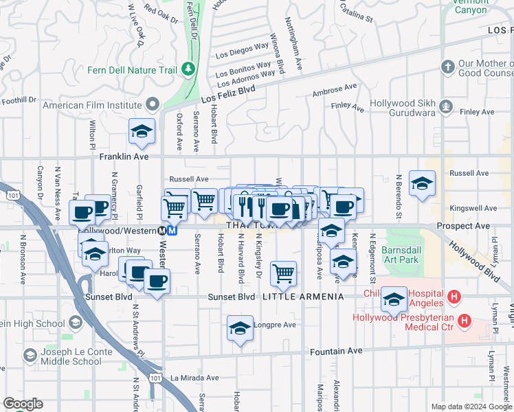 map of restaurants, bars, coffee shops, grocery stores, and more near in Los Angeles