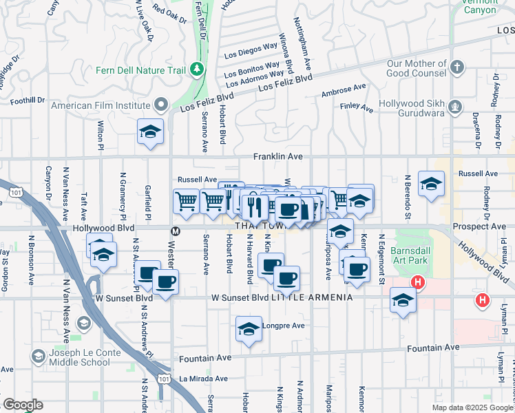 map of restaurants, bars, coffee shops, grocery stores, and more near in Los Angeles