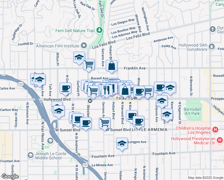 map of restaurants, bars, coffee shops, grocery stores, and more near 5340 Loma Linda Avenue in Los Angeles