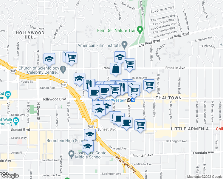 map of restaurants, bars, coffee shops, grocery stores, and more near 5628 West Observation Lane in Los Angeles