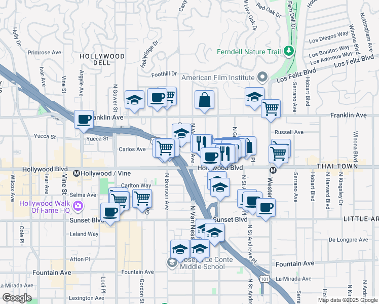 map of restaurants, bars, coffee shops, grocery stores, and more near 1722 North Van Ness Avenue in Los Angeles
