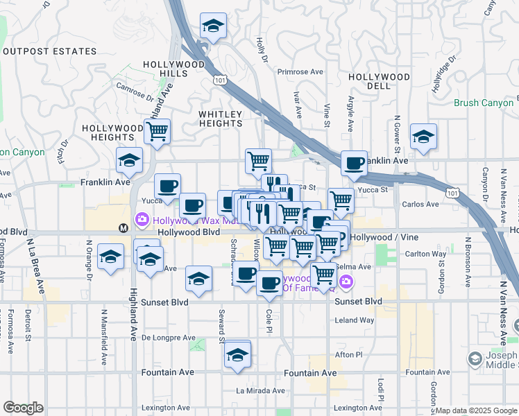 map of restaurants, bars, coffee shops, grocery stores, and more near 1720 Wilcox Avenue in Los Angeles