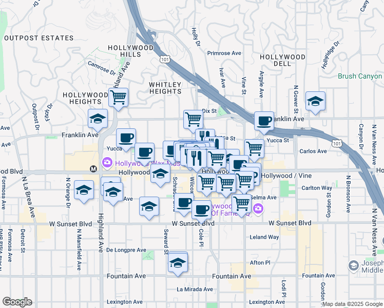 map of restaurants, bars, coffee shops, grocery stores, and more near 1720 Wilcox Avenue in Los Angeles