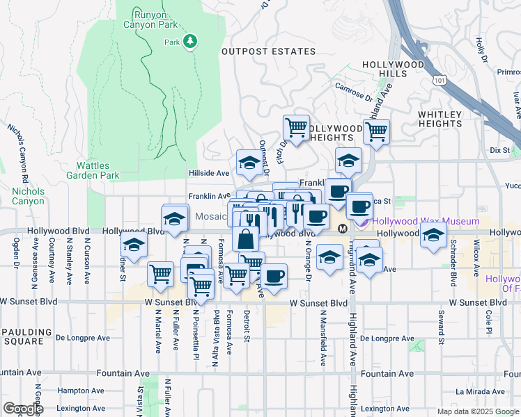 map of restaurants, bars, coffee shops, grocery stores, and more near 1731 North Sycamore Avenue in Los Angeles