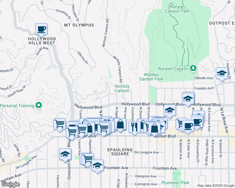 map of restaurants, bars, coffee shops, grocery stores, and more near 1734 North Ogden Drive in Los Angeles