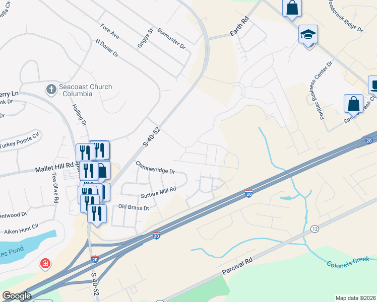 map of restaurants, bars, coffee shops, grocery stores, and more near 230 Chimneyridge Drive in Columbia