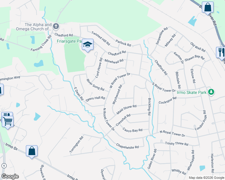 map of restaurants, bars, coffee shops, grocery stores, and more near 206 Wychwood Road in Irmo