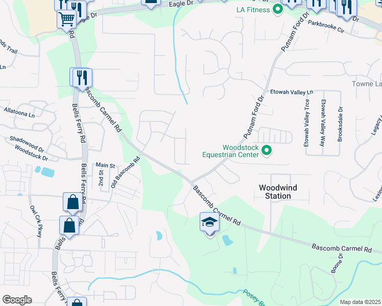 map of restaurants, bars, coffee shops, grocery stores, and more near 719 Elizabeth Trail in Woodstock