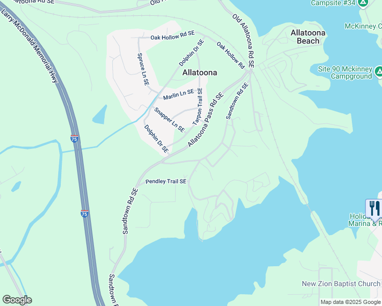 map of restaurants, bars, coffee shops, grocery stores, and more near 479 Sandtown Road Southeast in Cartersville