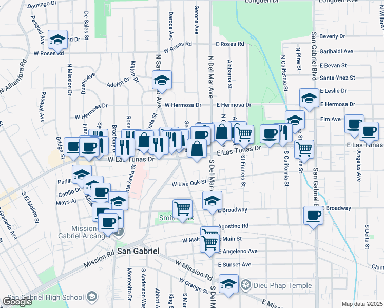 map of restaurants, bars, coffee shops, grocery stores, and more near 193 West Las Tunas Drive in San Gabriel