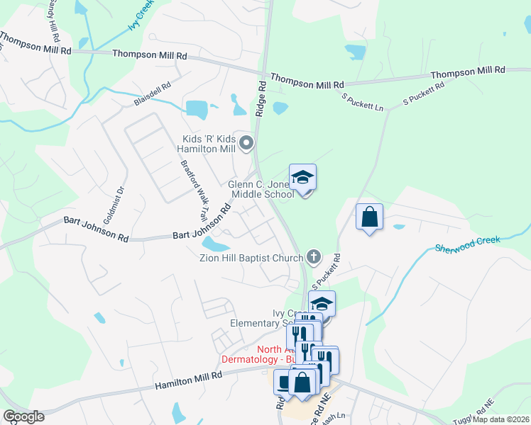 map of restaurants, bars, coffee shops, grocery stores, and more near 3570 Ridge Road in Buford