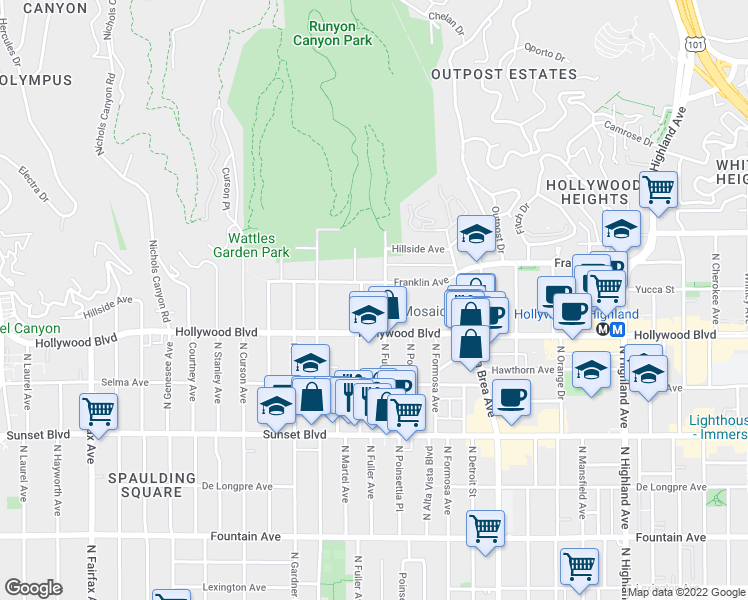 map of restaurants, bars, coffee shops, grocery stores, and more near 1730 Camino Palmero Street in Los Angeles