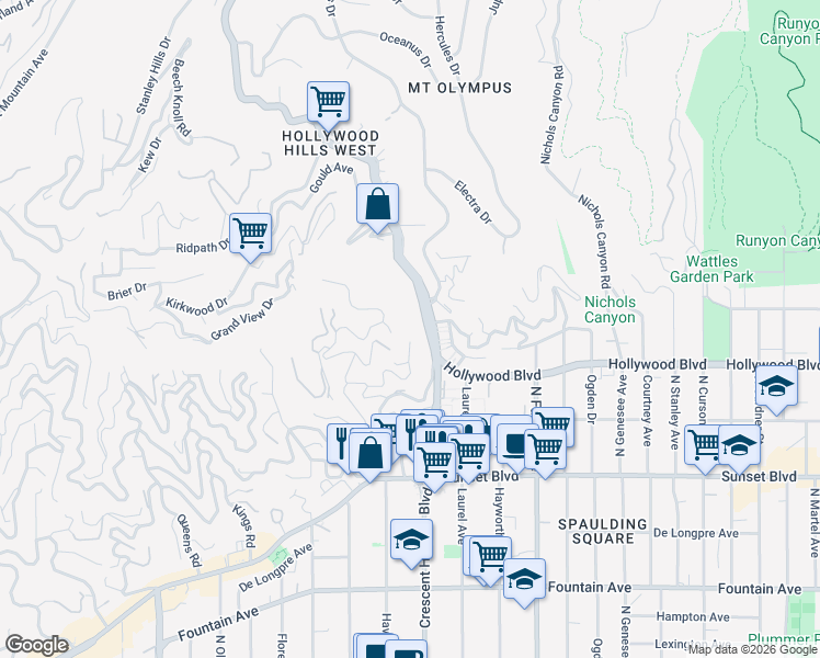 map of restaurants, bars, coffee shops, grocery stores, and more near 8080 Laurel View Drive in Los Angeles