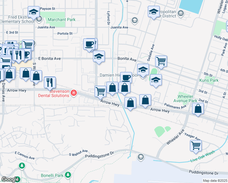 map of restaurants, bars, coffee shops, grocery stores, and more near 800 Palomares Avenue in La Verne