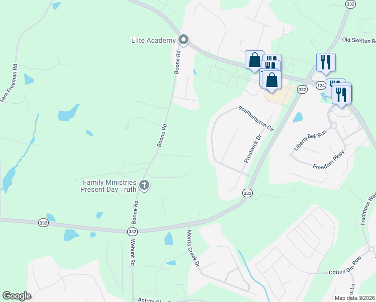 map of restaurants, bars, coffee shops, grocery stores, and more near 169 Dumar Lane in Hoschton