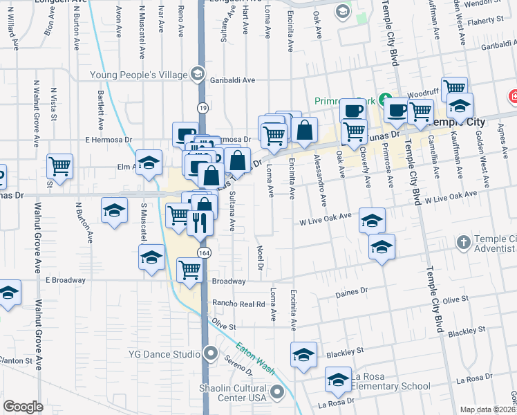 map of restaurants, bars, coffee shops, grocery stores, and more near 5650 Noel Drive in Temple City