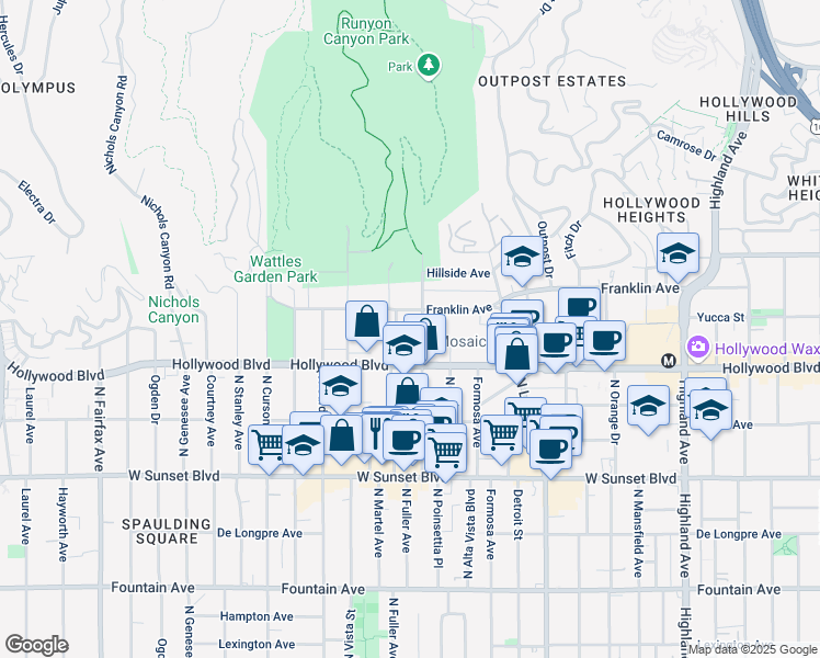 map of restaurants, bars, coffee shops, grocery stores, and more near 1730 Camino Palmero Street in Los Angeles