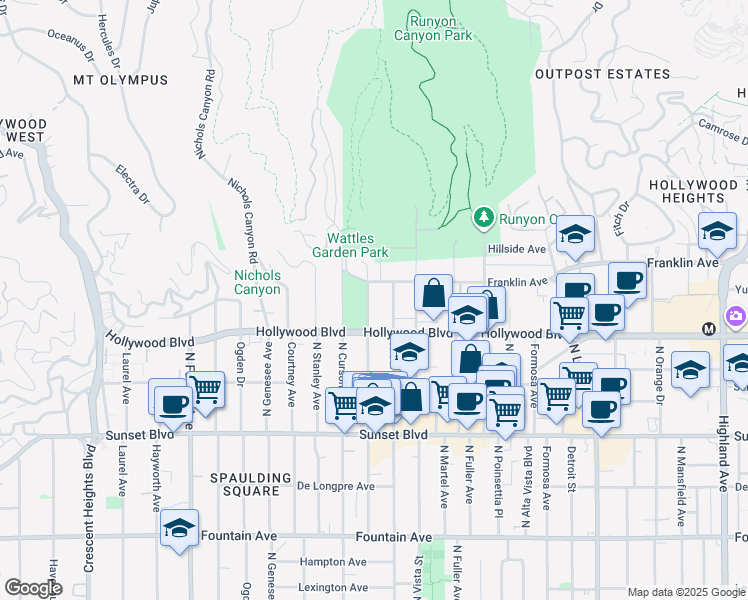 map of restaurants, bars, coffee shops, grocery stores, and more near 1736 North Sierra Bonita Avenue in Los Angeles