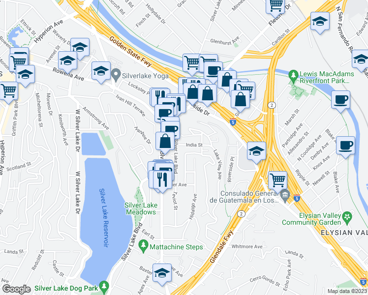 map of restaurants, bars, coffee shops, grocery stores, and more near 2272 India Street in Los Angeles