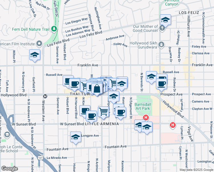 map of restaurants, bars, coffee shops, grocery stores, and more near 1733 North Mariposa Avenue in Los Angeles