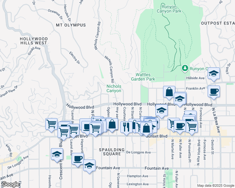 map of restaurants, bars, coffee shops, grocery stores, and more near 1738 Nichols Canyon Road in Los Angeles