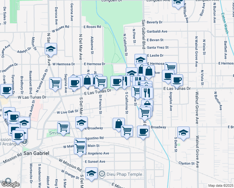 map of restaurants, bars, coffee shops, grocery stores, and more near 420 East Las Tunas Drive in San Gabriel