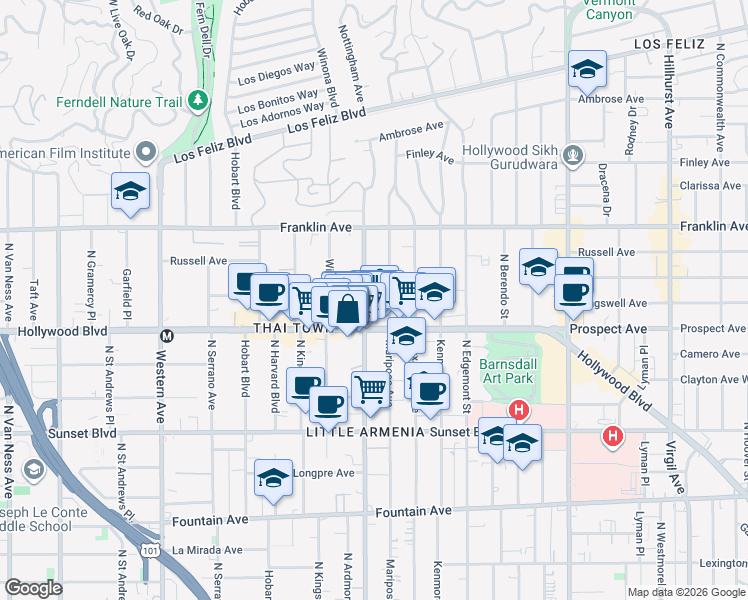 map of restaurants, bars, coffee shops, grocery stores, and more near in Los Angeles