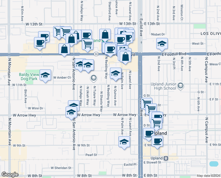 map of restaurants, bars, coffee shops, grocery stores, and more near 762 North Redding Way in Upland
