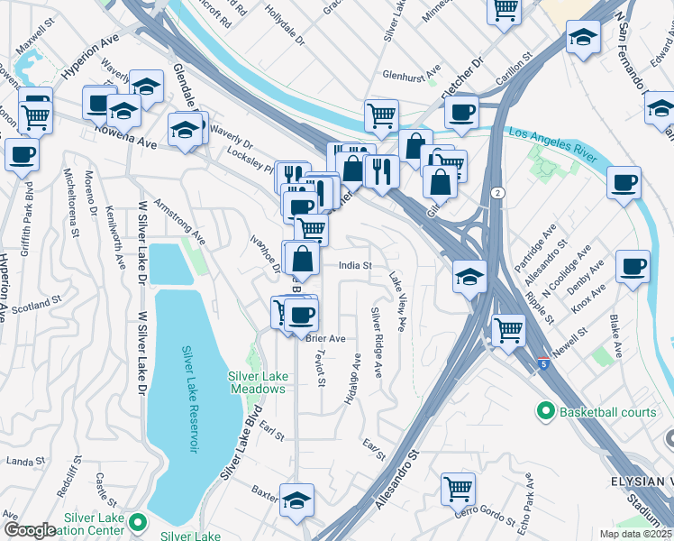 map of restaurants, bars, coffee shops, grocery stores, and more near 2272 India Street in Los Angeles