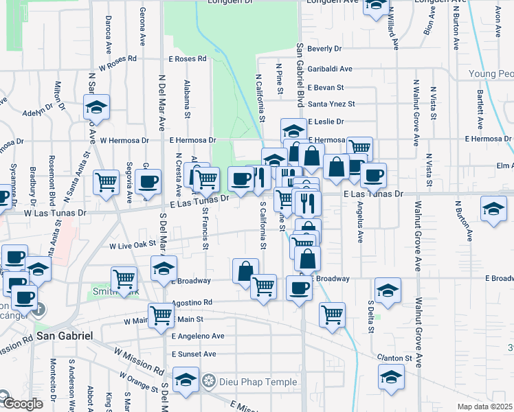 map of restaurants, bars, coffee shops, grocery stores, and more near 119 South California Street in San Gabriel