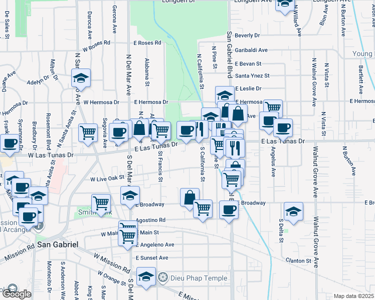 map of restaurants, bars, coffee shops, grocery stores, and more near 420 East Las Tunas Drive in San Gabriel