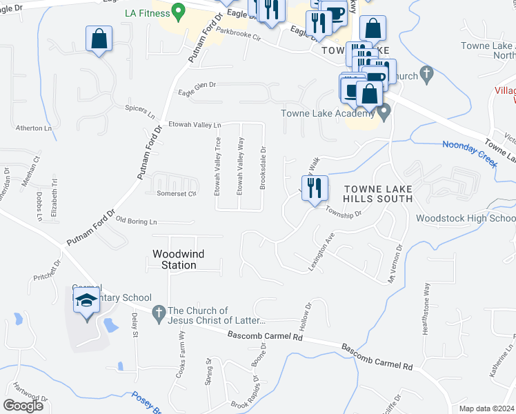 map of restaurants, bars, coffee shops, grocery stores, and more near 538 Brooksdale Drive in Woodstock