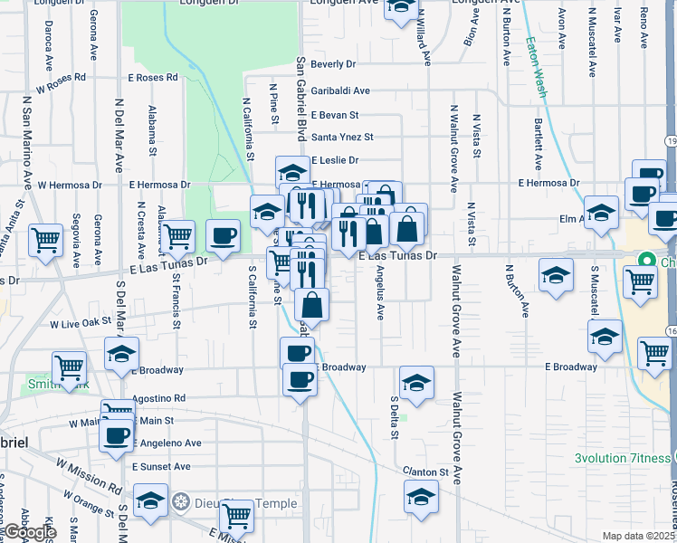 map of restaurants, bars, coffee shops, grocery stores, and more near 5640 North Gladys Avenue in San Gabriel