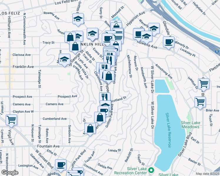 map of restaurants, bars, coffee shops, grocery stores, and more near 2314 Tracy Terrace in Los Angeles