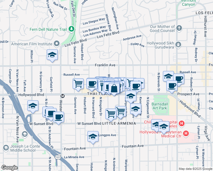 map of restaurants, bars, coffee shops, grocery stores, and more near 1735 Winona Boulevard in Los Angeles