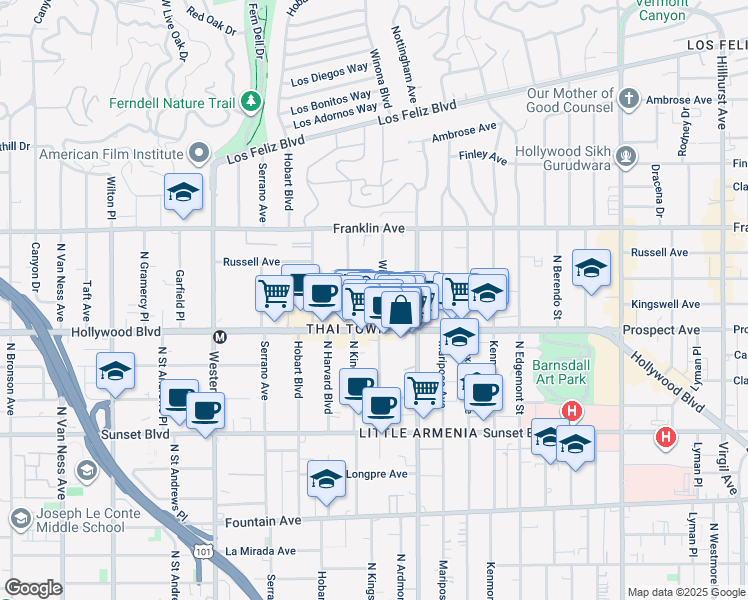 map of restaurants, bars, coffee shops, grocery stores, and more near 1735 Winona Boulevard in Los Angeles