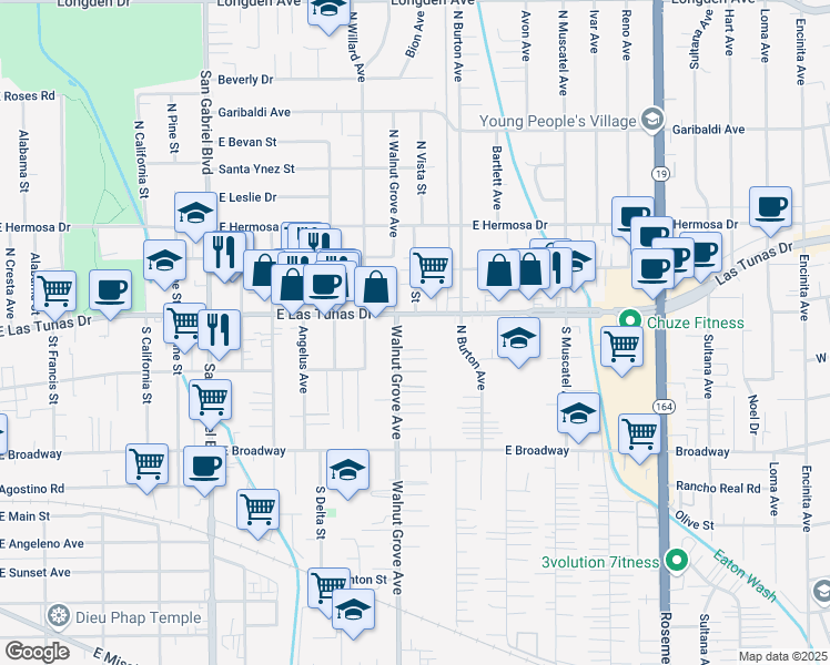 map of restaurants, bars, coffee shops, grocery stores, and more near 1124 East Las Tunas Drive in San Gabriel