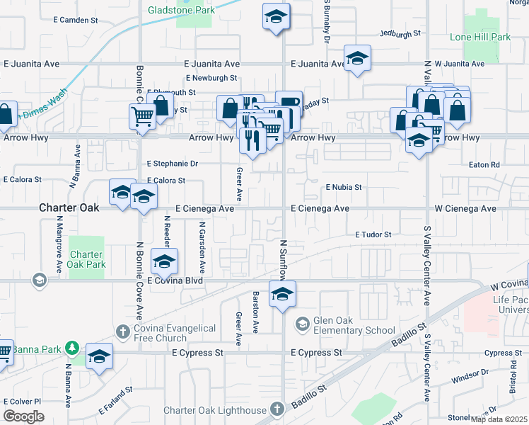 map of restaurants, bars, coffee shops, grocery stores, and more near 2040 East Cienega Avenue in Covina