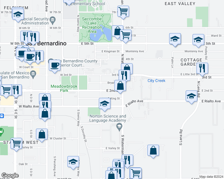 map of restaurants, bars, coffee shops, grocery stores, and more near 256 East 2nd Street in San Bernardino