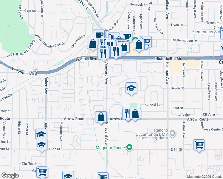 map of restaurants, bars, coffee shops, grocery stores, and more near 8305 Vineyard Avenue in Rancho Cucamonga