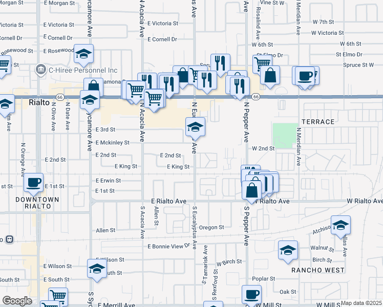 map of restaurants, bars, coffee shops, grocery stores, and more near 206 North Eucalyptus Avenue in Rialto