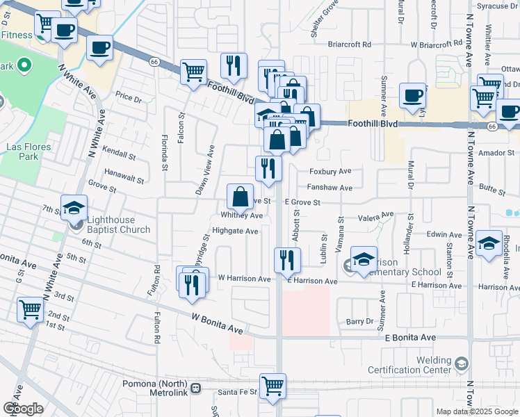 map of restaurants, bars, coffee shops, grocery stores, and more near 3073 Gladstone Street in Pomona