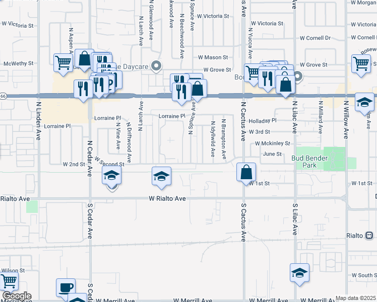 map of restaurants, bars, coffee shops, grocery stores, and more near 214 North Spruce Avenue in Rialto