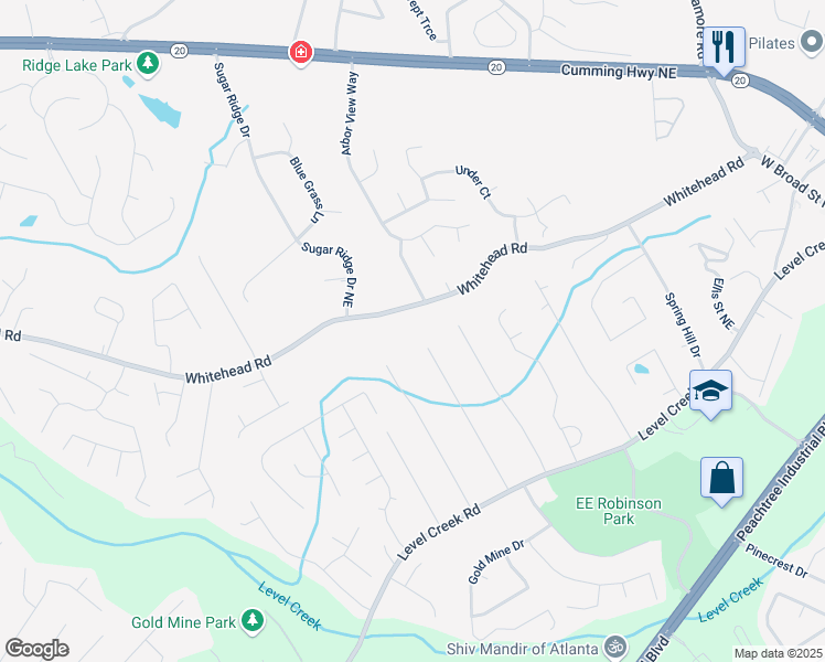 map of restaurants, bars, coffee shops, grocery stores, and more near 721 Whitehead Road in Sugar Hill