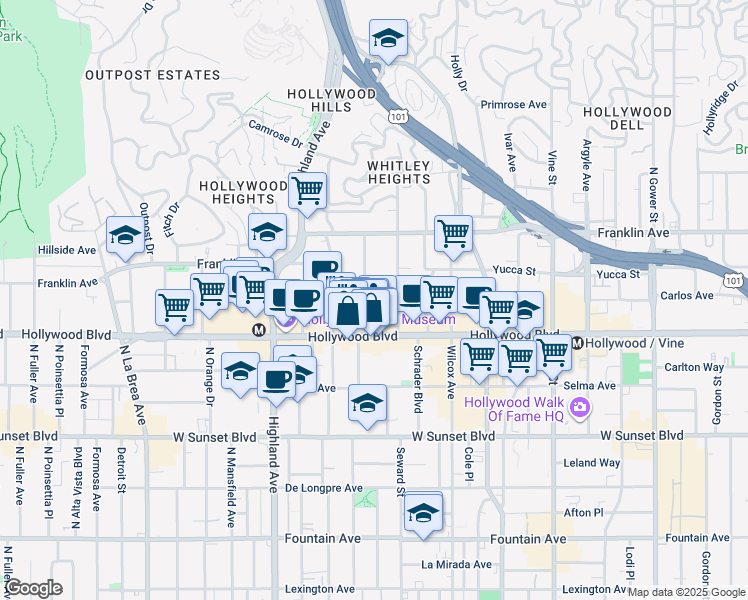 map of restaurants, bars, coffee shops, grocery stores, and more near 1746 North Cherokee Avenue in Los Angeles