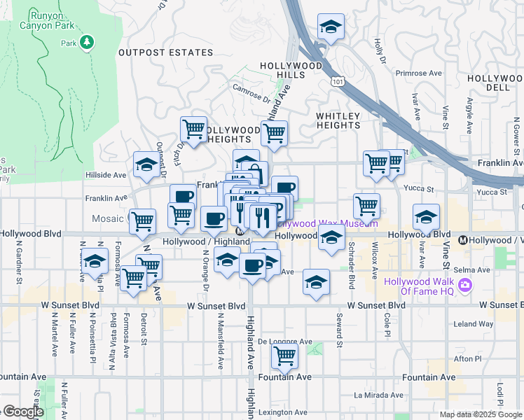 map of restaurants, bars, coffee shops, grocery stores, and more near 1755 North McCadden Place in Los Angeles